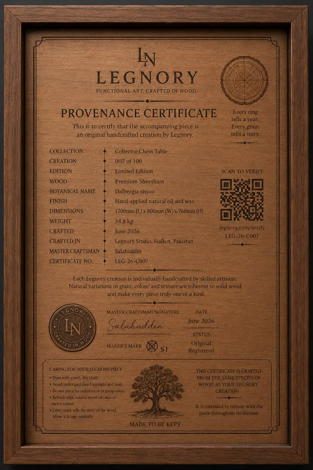 A LEGNORY Certificate of Provenance engraved into sheesham wood, recording the piece's edition, wood, finish, dimensions, maker and certificate number