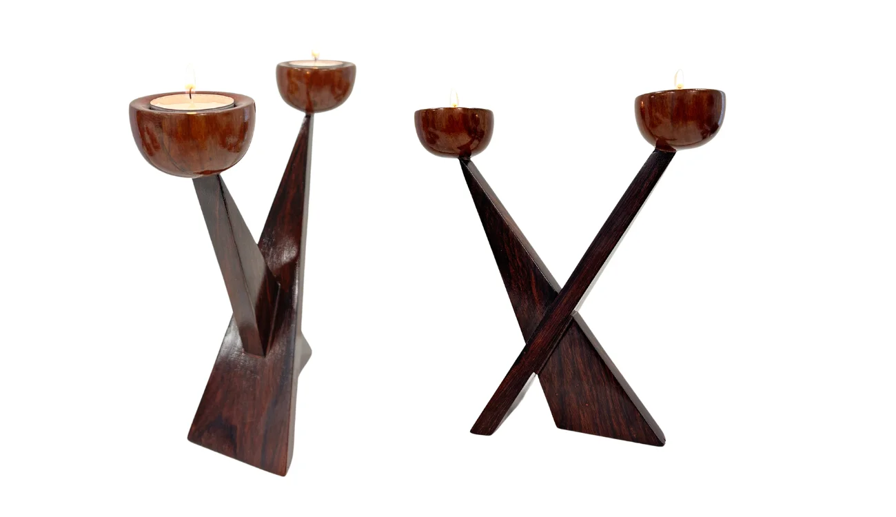 Geometric wooden candle holders in warm finish